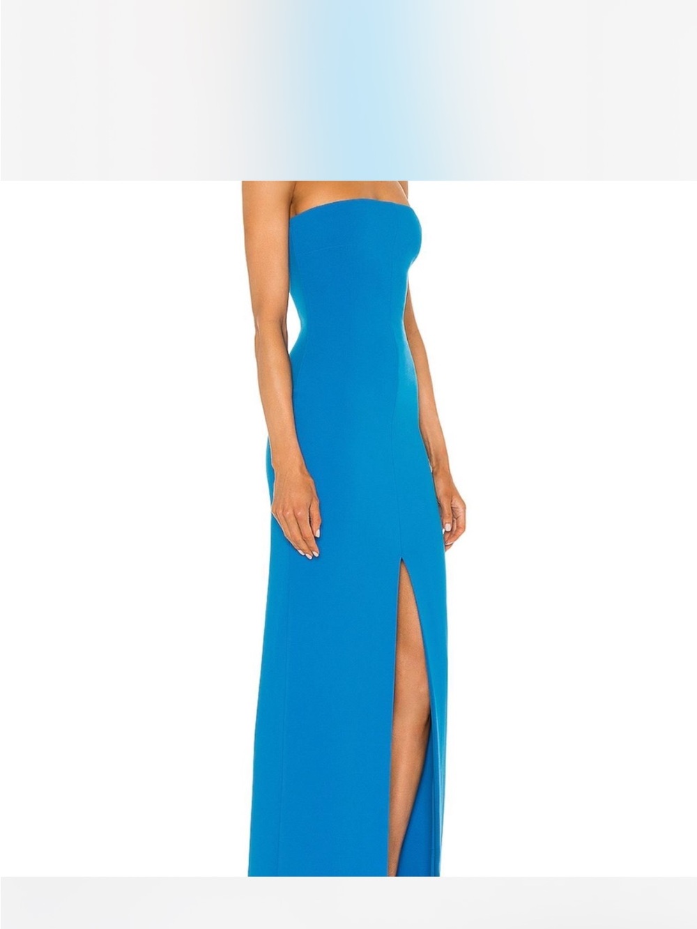 Solace London Strapless Turquoise-Blue Column Gown with Thigh Slit
